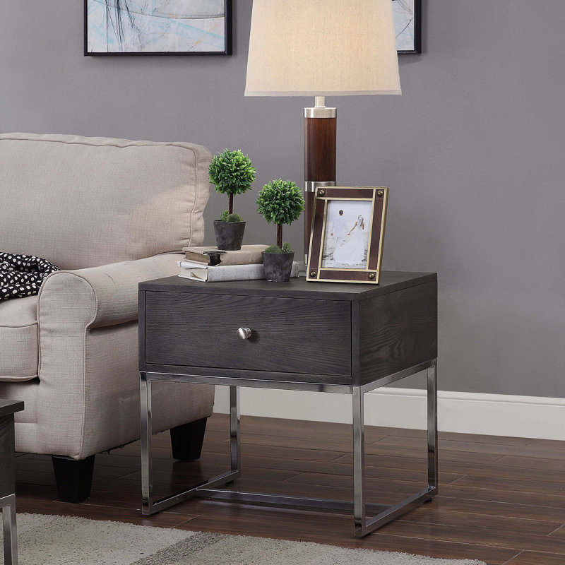 Table de bout contemporaine avec rangement en chêne gris et table élégante au design élégant