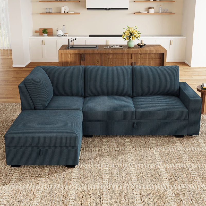 Canapé modulaire Brunella, Velours côtelé bleu, H 35 po x l 87 po x P 59,8 po