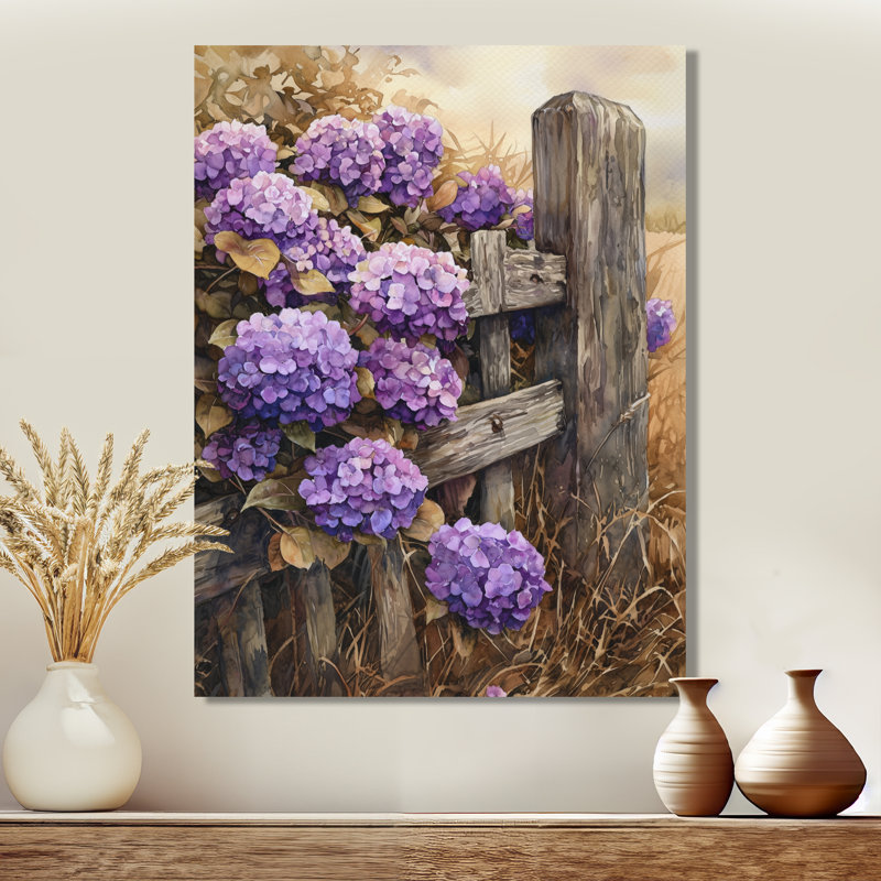 Hortensias par la vieille clôture - reproduction d'art traditionnelle en métal, hydrangées en métal, H 20 po x l 12 po
