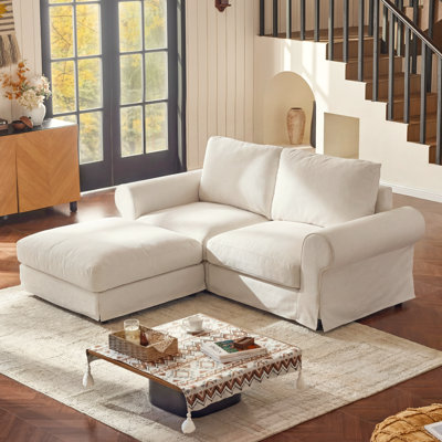 2-Seat Upholstered Loveseat with Ottoman, Rolled Arms and Skirted Base, White