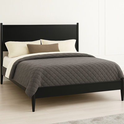 Mid - Century Modern King Platform Bed, Black Finish On Solid Wood, Round Tapered Legs, Construction, Slat Kit Present, No Box Spring Needed Wooden Design, Included, Required