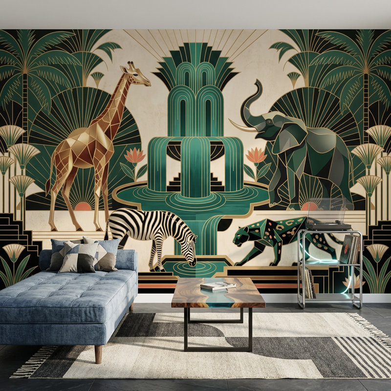 Papier peint Art déco géométrique à motifs d'animaux de safari, 100"x96", Peel and Stick