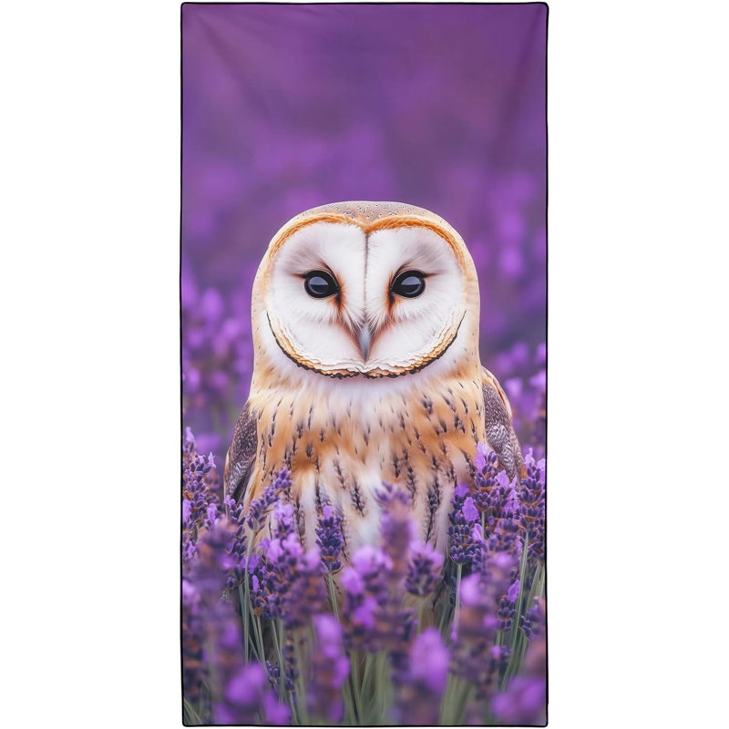 Barn Owl Beach Towel Oversized 60" x 80", Lavender Floral Animal Print, Thin Lightweight Sand Free Quick Dry Microfiber Towels for Beach Yoga Camping Travel
