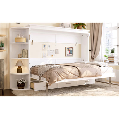 Full Size White Bed With Shelf, Side Cabinets And Drawers, Fold - Up For More Floor Space, All In One Design Platform Multifunctional , Space Saving