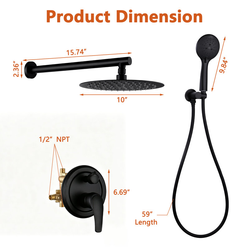 2-Function Shower Faucet Set with 10 in. Round Slim Rain Shower Head and 5-Spray Hand Shower, Matte Black