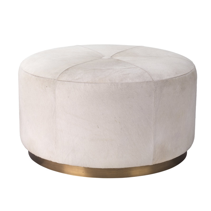 Thackeray Round White Velvet Brass-Accented Pouf