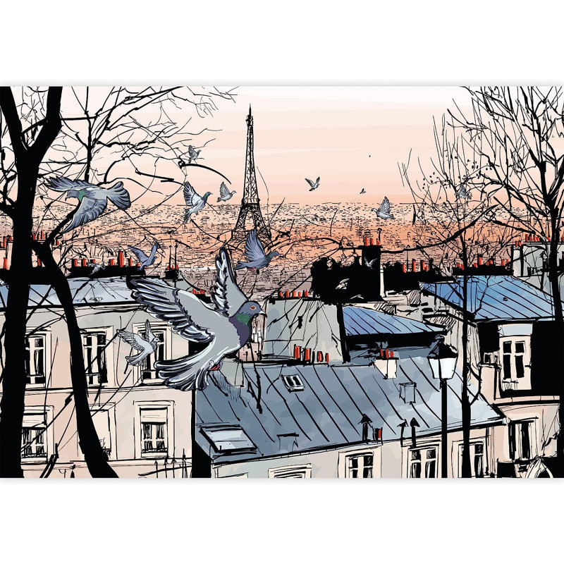 Vector Montmartre in Paris with Eiffel Tower Paintable Wall Mural, 66" L x 96" W