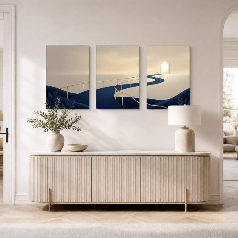 «Winding Blue Path with Gold Railings and Glowing Archway», ensemble de 3 toiles murales, H 18 po x l 12 po x 3 pièces