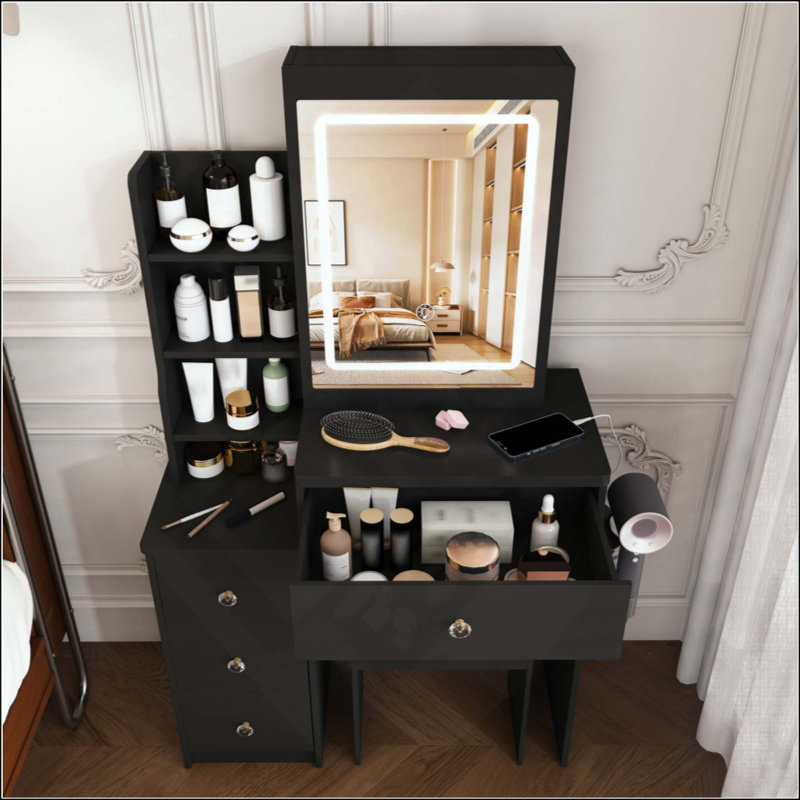 Modern Makeup Vanity Desk with 3-Color Adjustable LED Lighting, 4 Drawers & Open Storage, Vanity Set with Hair Dryer Holder, Power Outlet & Matching Dressing Chair