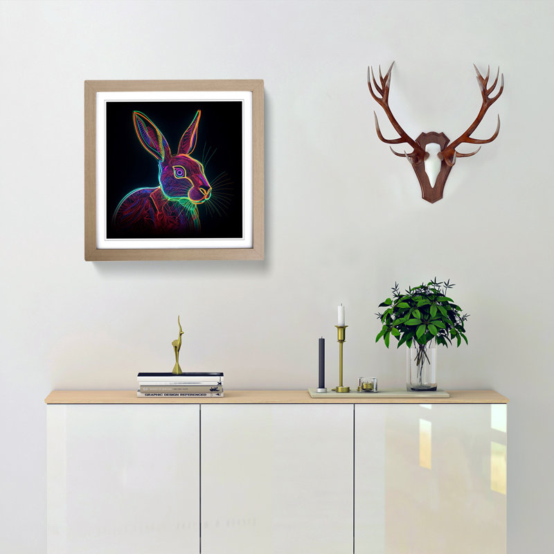 Hare Neon Art No.1 - Framed Print, Oak