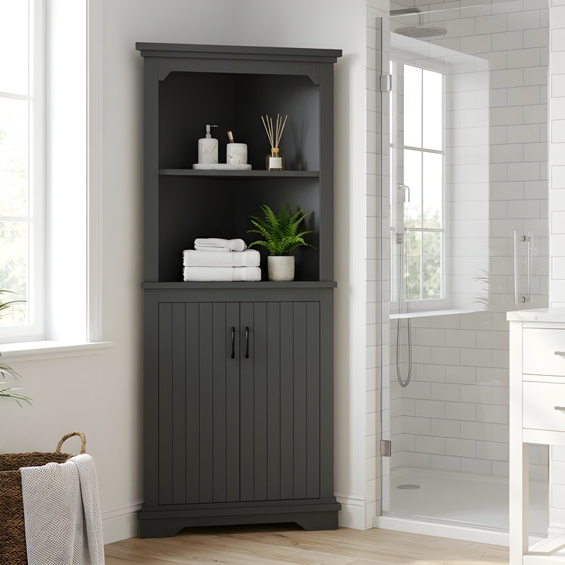 Armoire de coin haute de 176 cm (69,4 po) de style champêtre avec étagères réglables, Noir