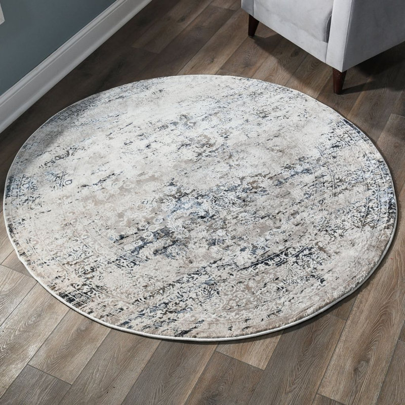 Curran Collection Blue/Cream Oriental Traditional Area Rug, Round 5'3"