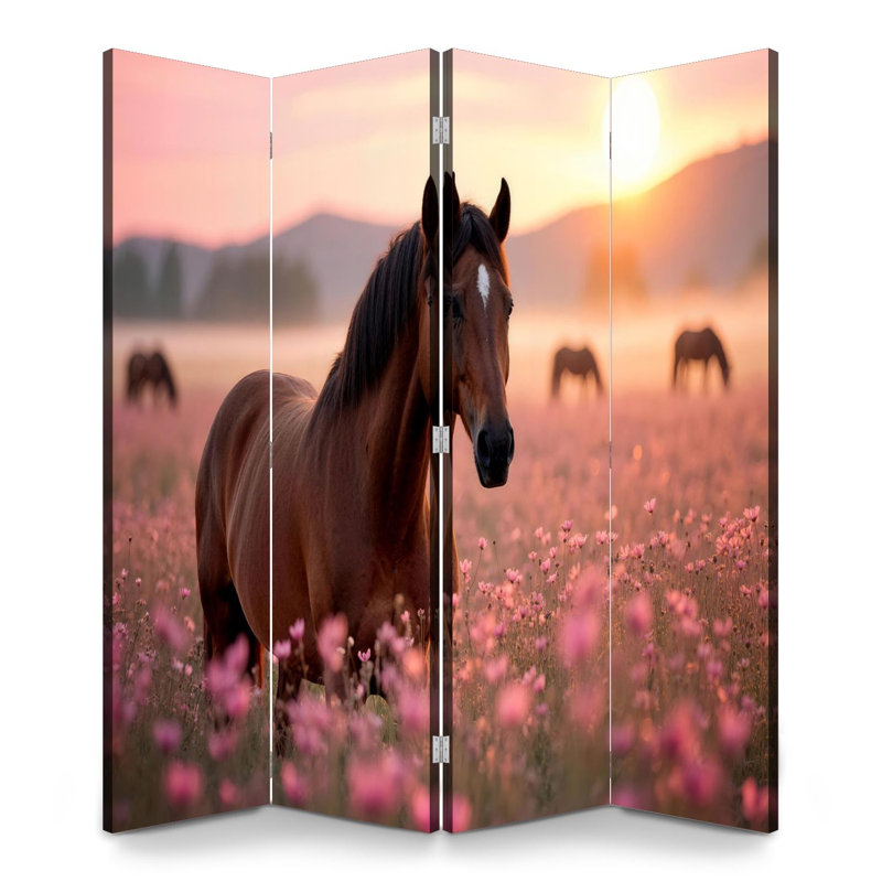 Cloison pliante 4 panneaux paravent brun royal debout champ de fleurs au coucher du soleil, 4, H 71 po x l 64 po x P 1 po