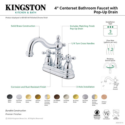 Kingston Brass Heritage Two-Handle 3-Hole Deck Mount 4" Centerset Bathroom Faucet with Plastic Pop-Up