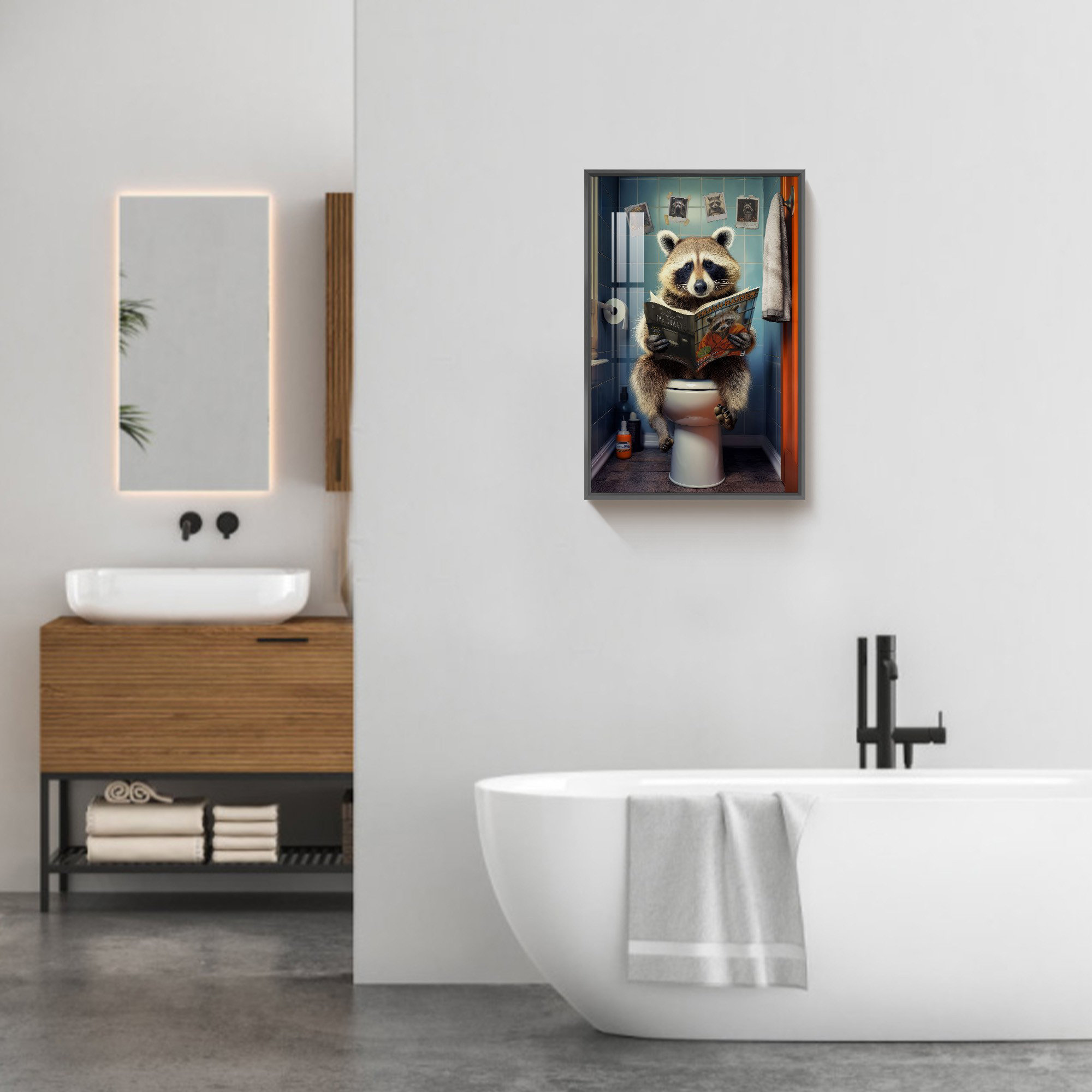Trinx Framed Animal Bathroom Wall Art Funny Raccoon in Toilet Canvas ...