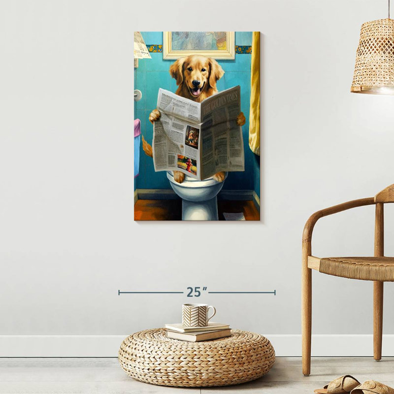 Golden retriever sur une toilette sur toile, H 30 po x l 20 po x P 1,25 po