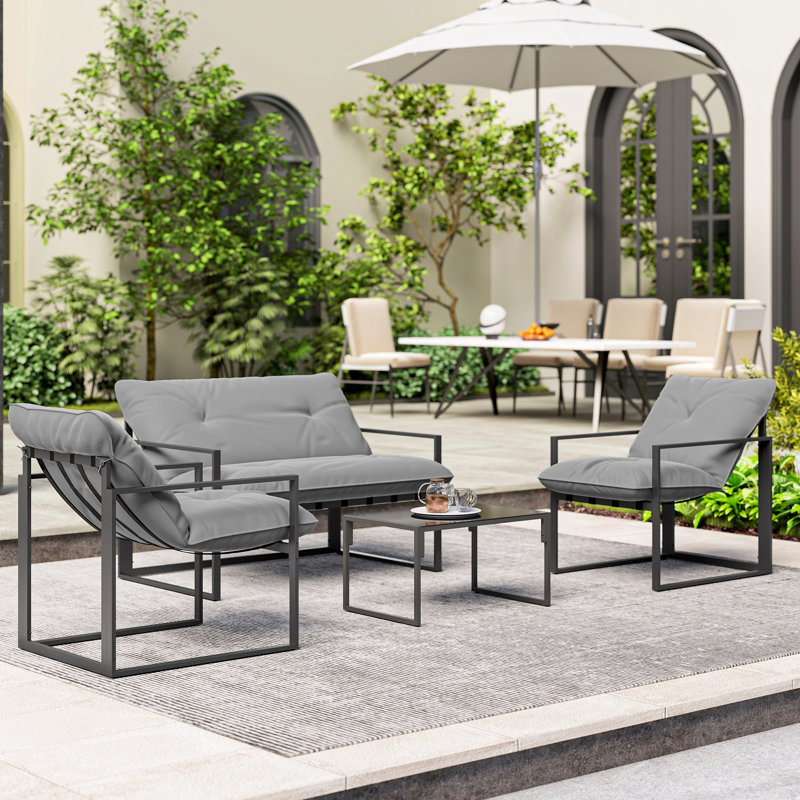 Ensemble de meubles de patio 4 pièces avec table en verre trempé gris clair