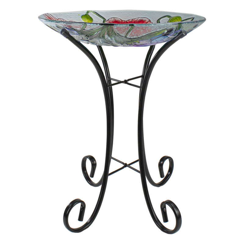 21" Butterfly And Carnations Hand Painted Glass Outdoor Birdbath