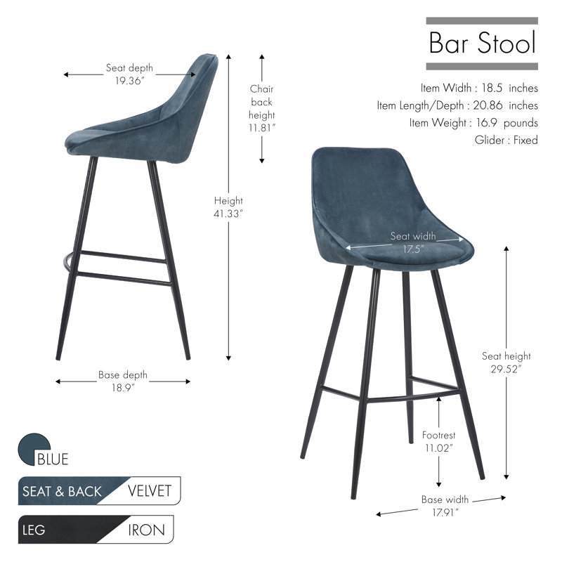 Upholstered Counter Stool with Metal Frame, Blue