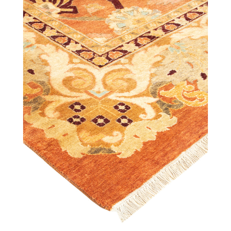 Hand-Knotted Bronze and Beige Wool Floral Area Rug