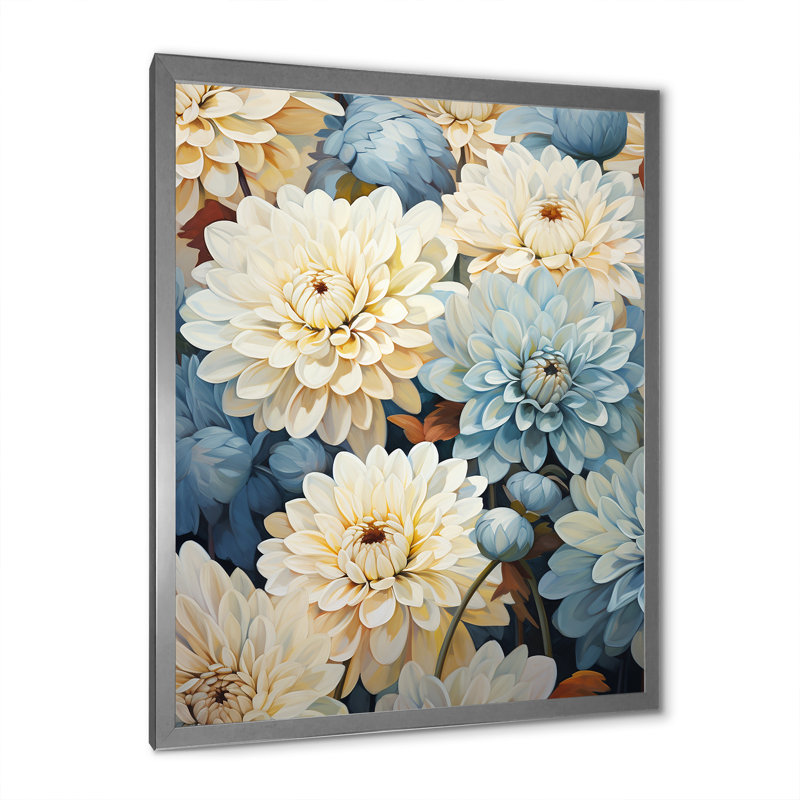 «Mums», peinture sur fond blanc et bleu II, Cadre simple argenté, H 44 po x l 34 po x P 1,5 po