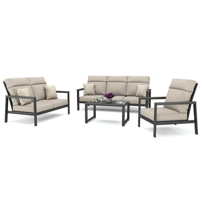 Ensemble de conversation pour 4 personnes avec coussins Sunbrella Syren, Argent coulé, Gris foncé / Gris