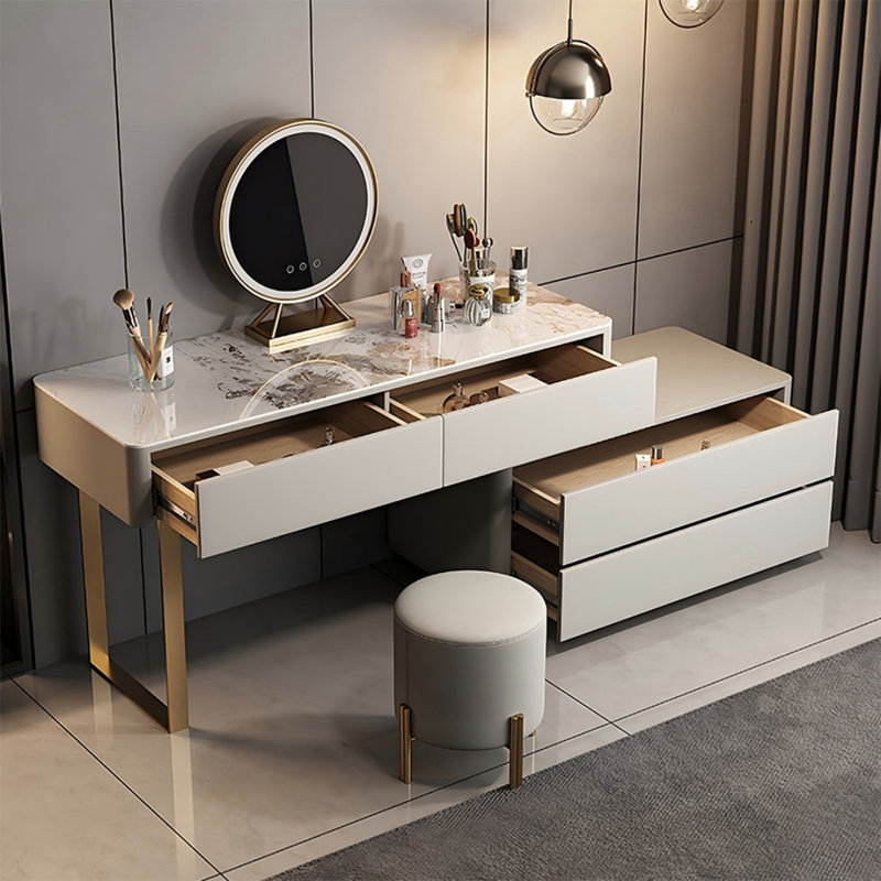 Coiffeuse avec miroir lumineux, 4 tiroirs, prise de courant