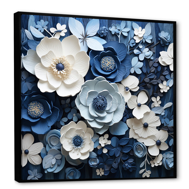 Collage de fleurs bleues et blanches saisonnier III - Fleurs, Cadre flottant noir, H 30 po x l 30 po x P 1 po