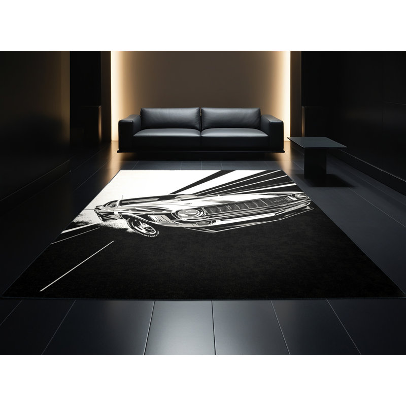Tapis rétro gris géométrique lavable à la machine Eldred Classic Muscle Car, 5 x 7