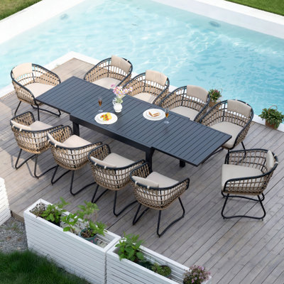 10 - Person 106’’L Patio Dining Set with Beige Cushions and Extendable Aluminum Table