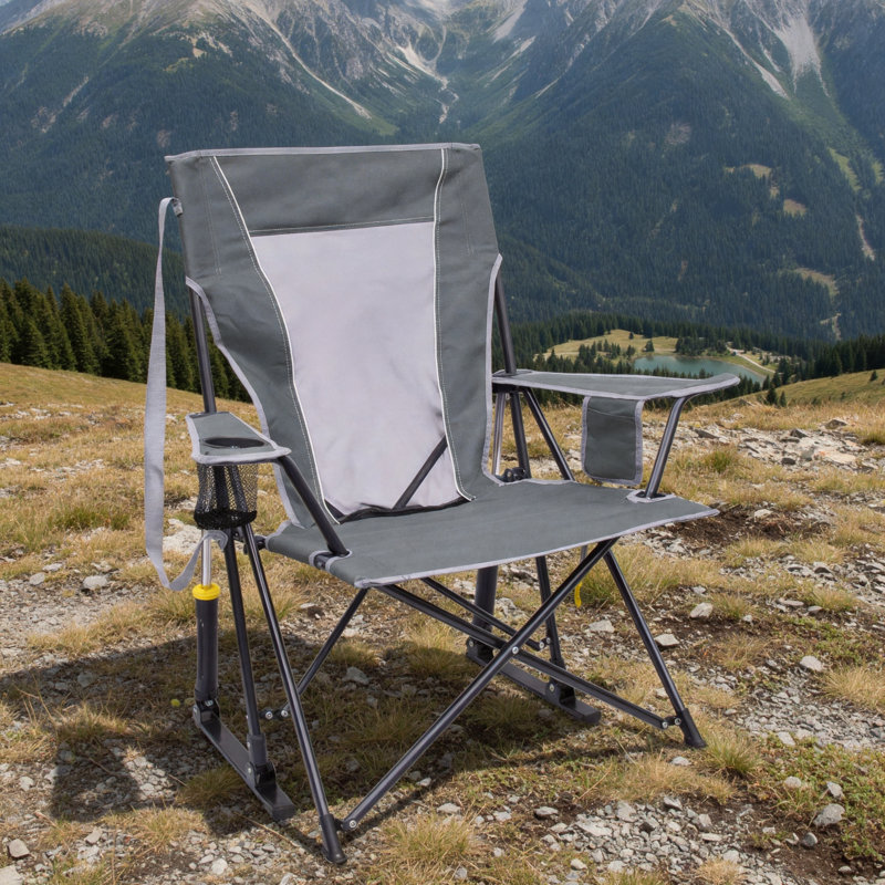 Gray Outdoor Folding Rocking Chair, Portable Camping And Leisure Rocking Chair, Durable Armrests With Cup Holders, Comfortable And Stable For Outdoor Use.
