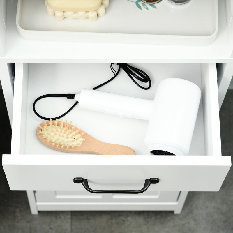 Grande armoire à linge blanche - Rangement de salle de bain avec tablette ouverte, tiroir, portes encastrées et tablettes réglables, tablettes intégrées