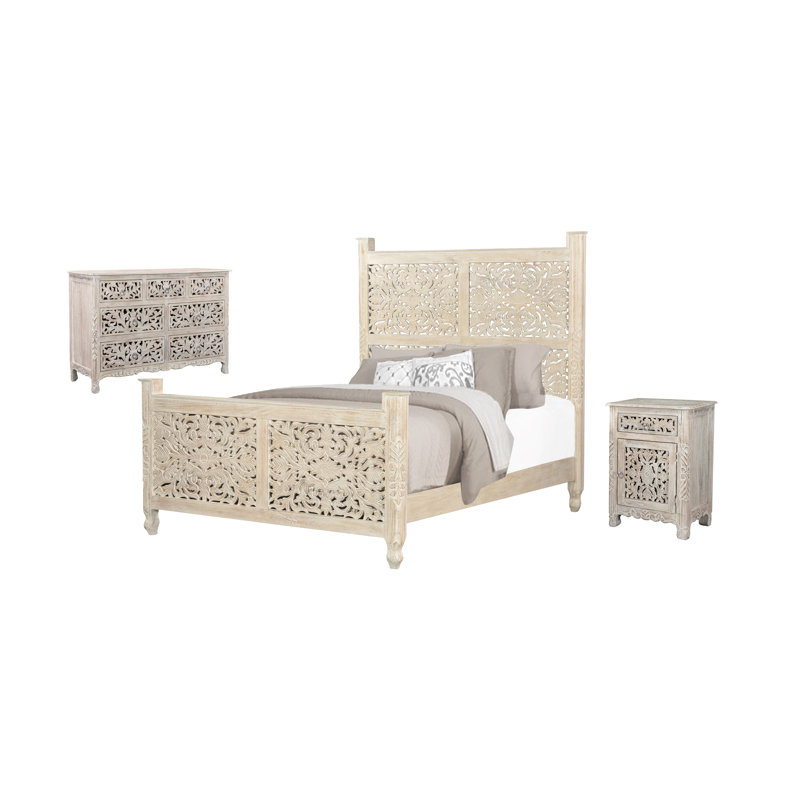 Harleen Solid Wood Piece Bedroom Set, King, Sand White
