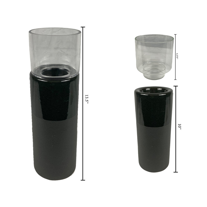 Bougeoir en verre et en céramique, Gris, H 13,5 po x l 4,25 po x P 4,25 po