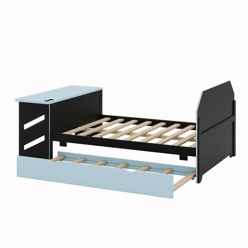 Lit de jour en bois avec couchette, bureau et port USB, Bleu nuage