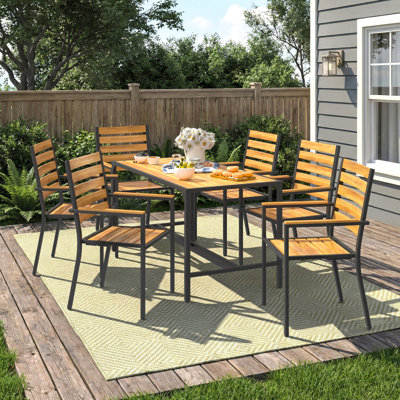 Ensemble de salle à manger d'extérieur en bois d'acacia 7 pièces pour 6 personnes, dossier inclinable et table rectangulaire avec trou pour parasol 1,6 po