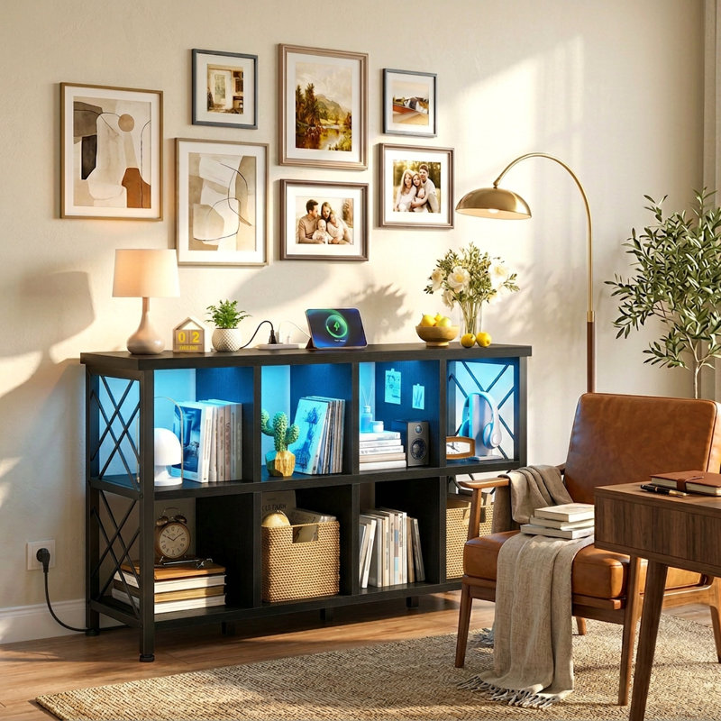 8-cube Bookcase With Led Lights & Charging Ports, Sturdy Storage Organizer For Home Office/living Room/bedroom ,57.09"W × 13.78"D × 29.92"H