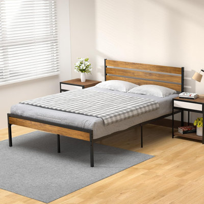 Queen Iron+MDF Bed – 3-Panel Headboard, Rustic Brown