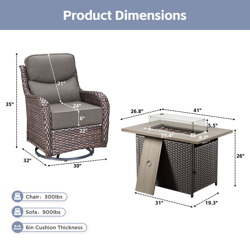 Outdoor Patio Multiple Swivel Rocking Chairs Seating Group With Wicker Fire Pit Table, Brown, Gray