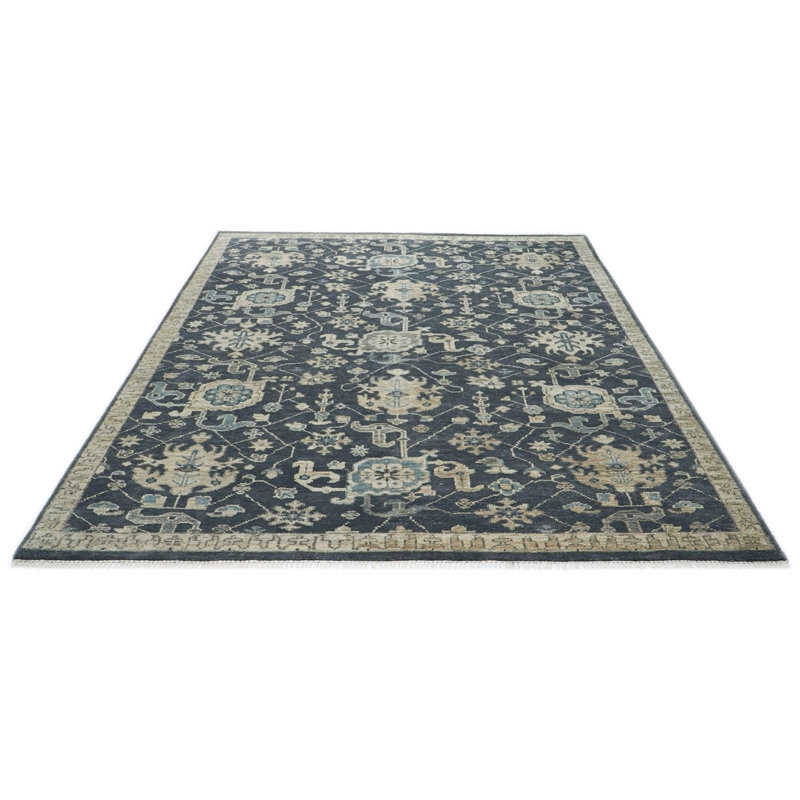 Tapis gris en laine noué à la main 8 pi 8 po x 12 pi 2 po Oushak