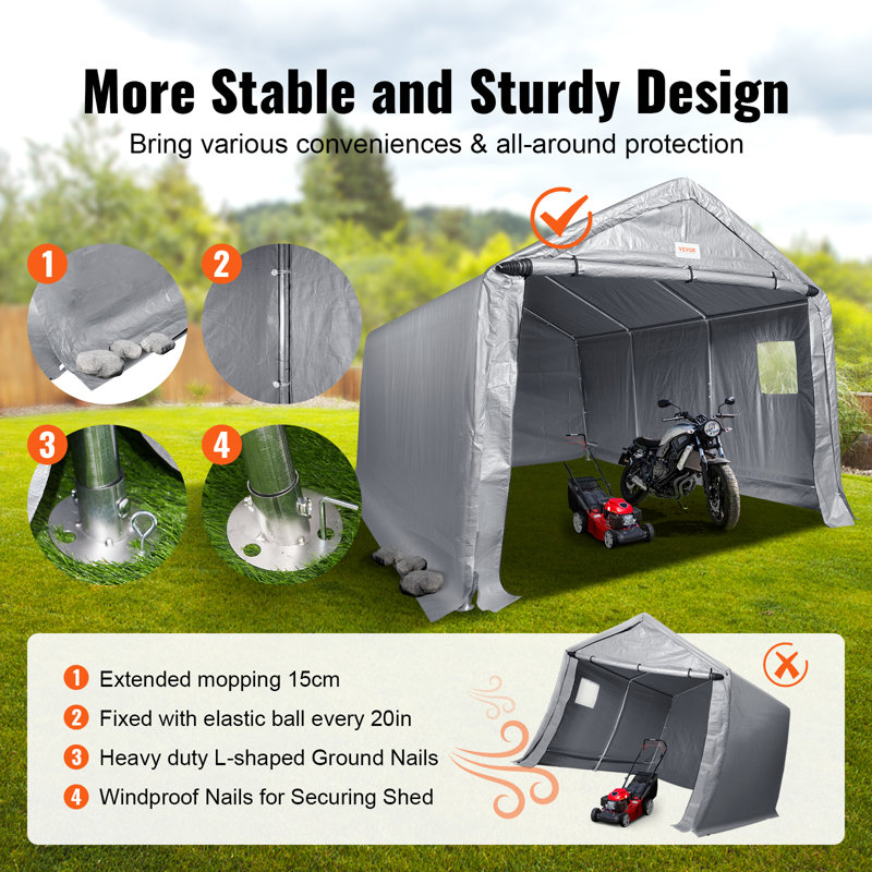 Gray 15' x 8' Portable Garage Shed with Windows