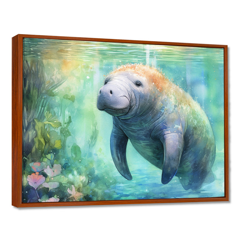 Gentle Manatee II - Art mural de lamantin pour le salon, H 30 po x l 40 po x P 1,5 po, Cadre flottant brun
