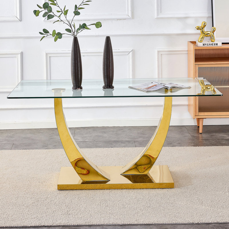 Table de salle à manger 63 "moderne et minimaliste rectangulaire en verre 63" pour 4 à 6 personnes, avec plateau en verre trempé de 0,4 "et support en métal plaqué or pour la cuisine, la salle à manger et le salon.