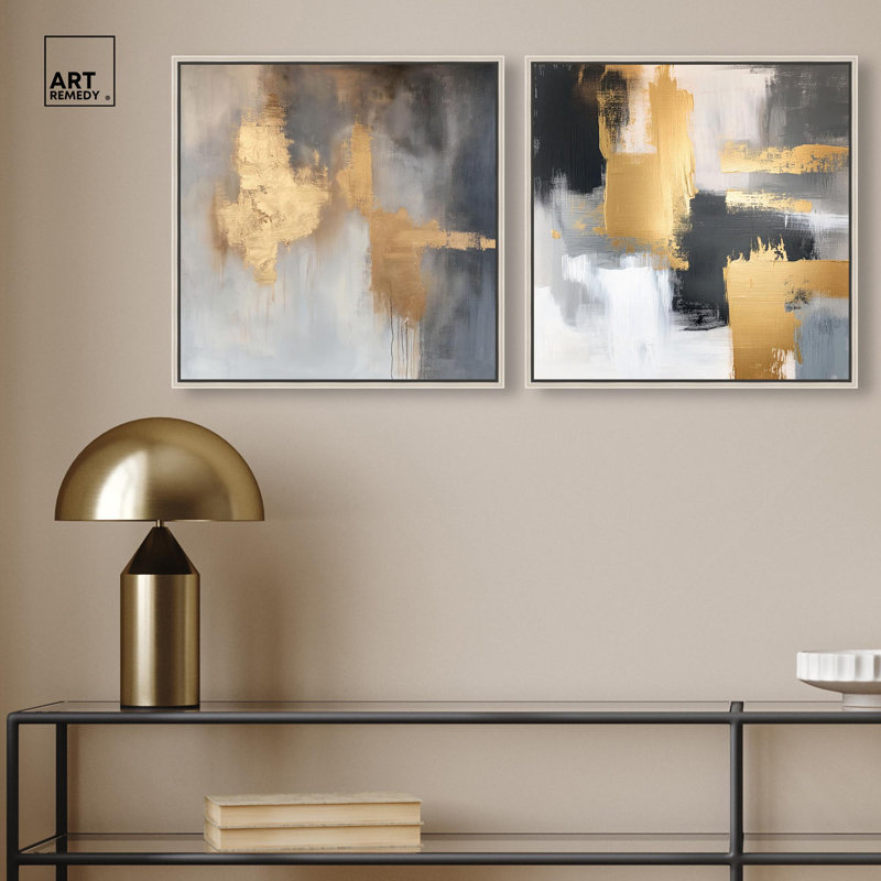 «Gilded Tranquil Abstract Art», ensemble de 2 panneaux sur toile par , Argent argent, H 17 po x l 17 po