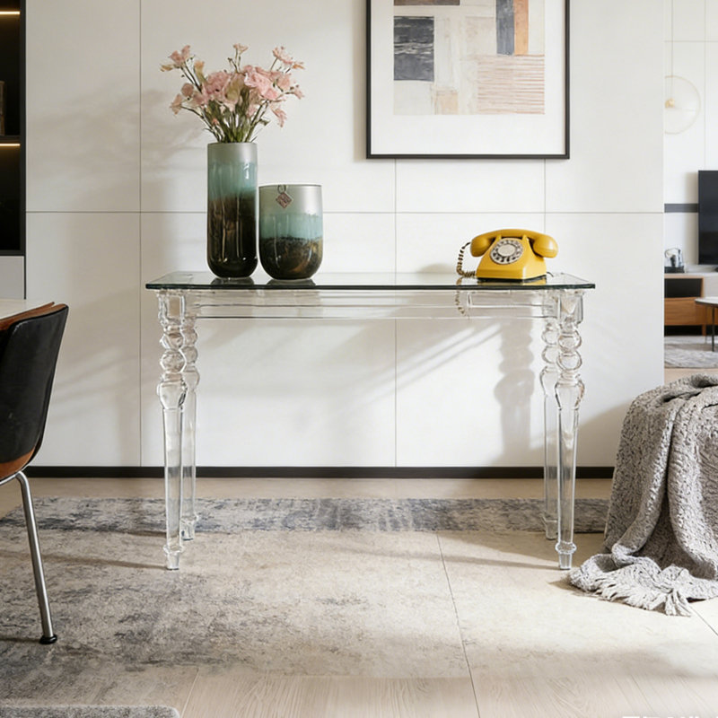 Console en verre transparent avec pieds en acrylique, H 33,46 po x l 62,99 po x P 15,75 po