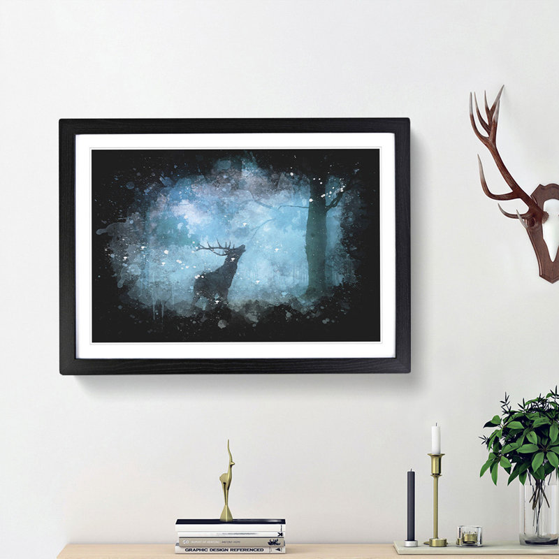 Deer Stag In A Blue Forest Paint Splash - Picture Frame Graphic Art, Black Framed, 33cm H x 45cm W x 2cm D