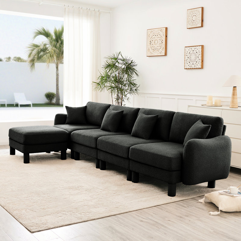 Canapé modulaire convertible en forme de L 4 places en tissu bouclé gris foncé, avec assise en forme de coquillage, amovible et relaxante