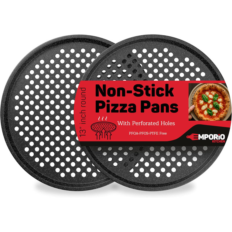 Ensemble de 2 plaques à pizza antiadhésives, plateau rond en acier au carbone de 13 pouces avec trous perforés pour croûte croustillante, sans pfoapfosptfe, allant au lave-vaisselle et au four jusqu'à 450 ° F, revêtement en marbre gris antiadhésif durable