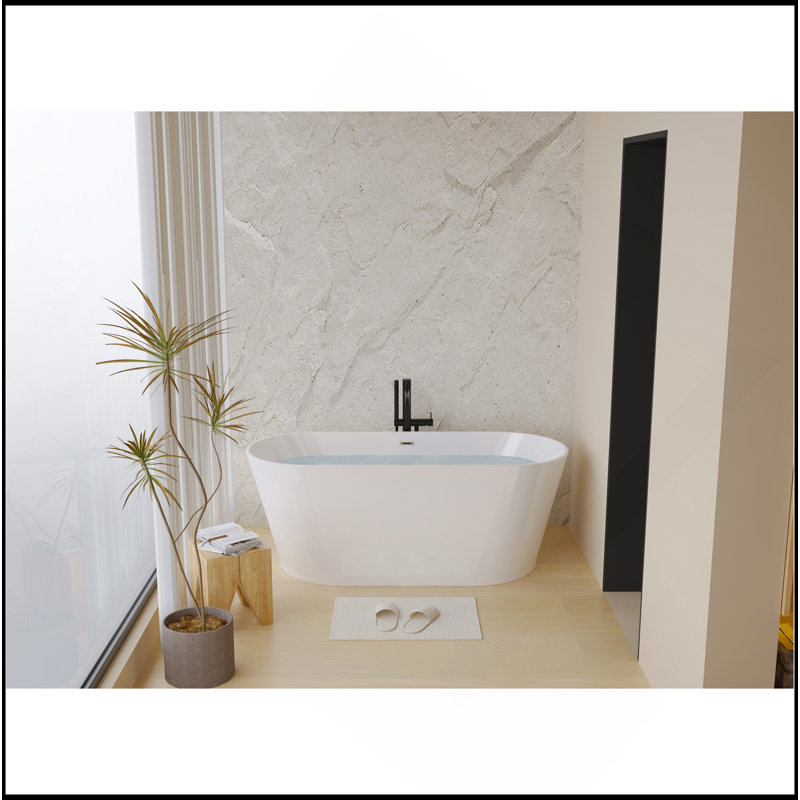 59" Acrylic Freestanding Bathtub, Stand Alone Soaking Tub, Glossy White Acrylic, Toe-tap Chrome Drain, cUPC Certified