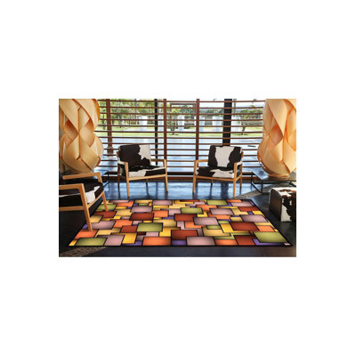 Modern Yellow Toned Checkered Three Dimensional Geometric Woven Base Decorative Rug